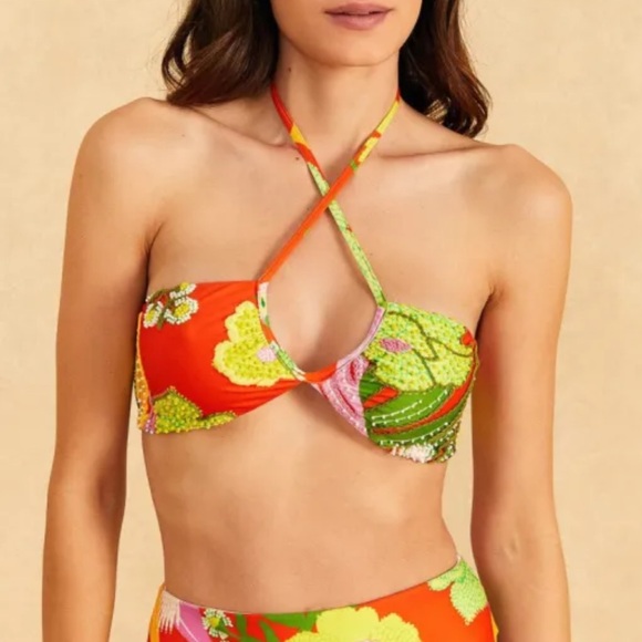 FARM Rio Other - NWT Farm Rio Red Neon Floral Halter Neck Beaded Bikini Top XL
